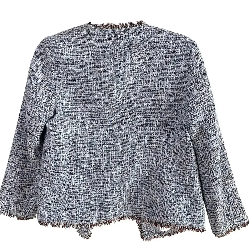 Banana Republic Tweed Open Front Fringe Jacket Blazer Blue White Size 2